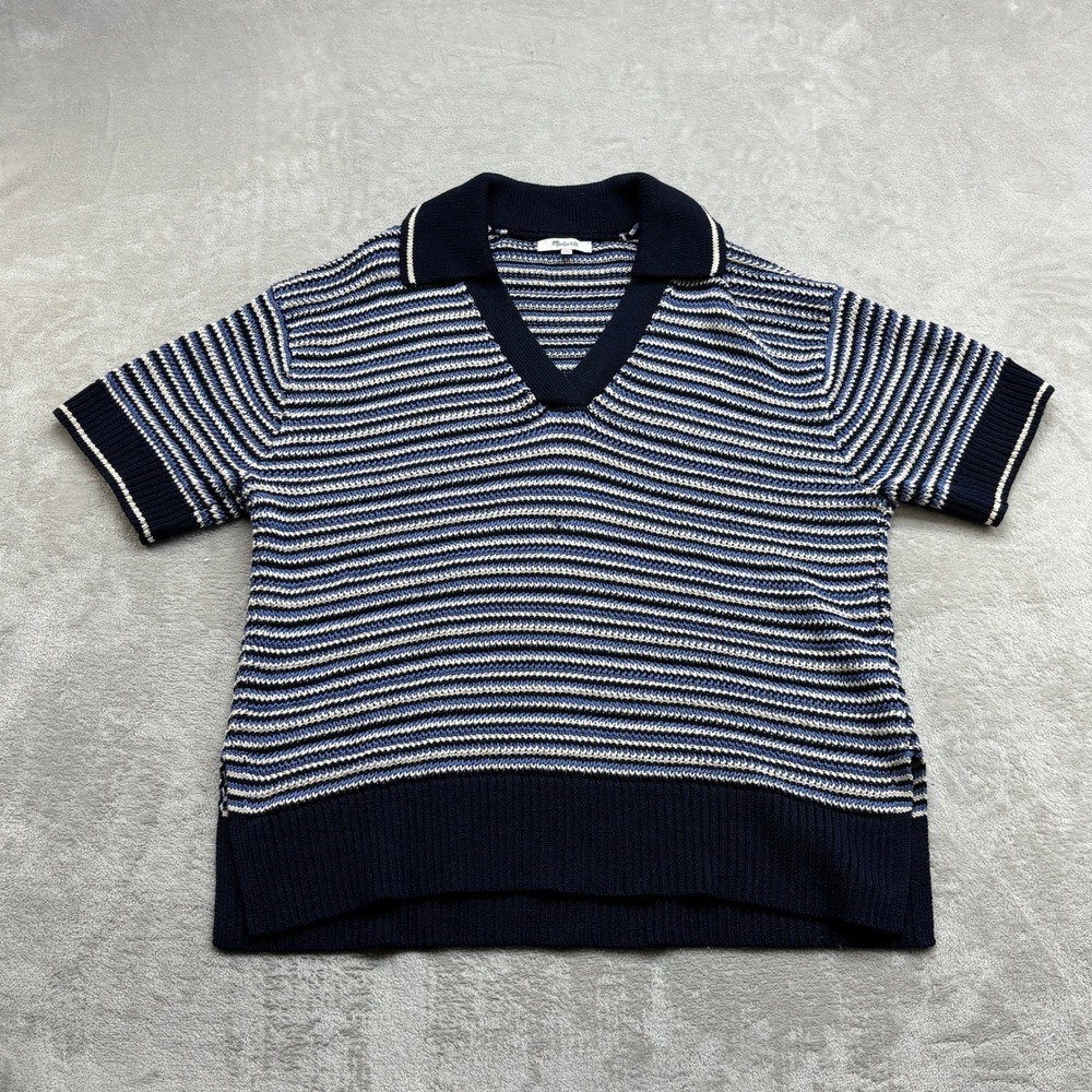 Madewell Stripe Johnny Collar Sweater Women M Blue Striped V-Neck Short Sleeve